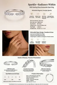 Elegant S925 sterling silver open ring with shimmering 2.0mm moissanite row stones.