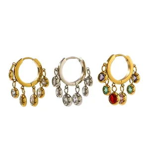 Stainless steel hoop earrings featuring dangling colorful zircon charms and tassels