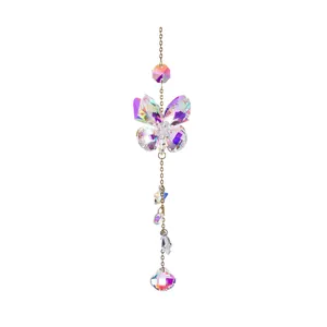 Sparkling iridescent crystal butterfly wind chime with gold chain for garden decoration