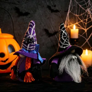 Decorative Halloween faceless gnomes plush with spider web hats and vampire fangs