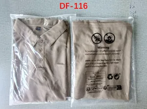 Detailed view of folded men's khaki mesh long sleeve polo shirt in plastic packaging bags