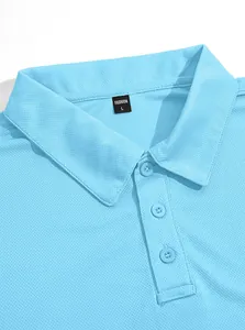 Detail shot showing the breathable mesh fabric and buttons of a sky blue polo shirt
