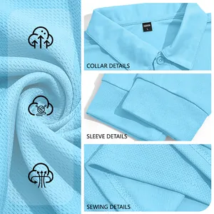Detail views of light blue mesh polo shirt showing collar, sleeve, and stitching