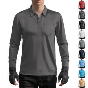 Men's Long Sleeve Polo Shirt Breathable Mesh Fabric Solid Color With Pocket Casual Loose Fit Tops For Men Polyester