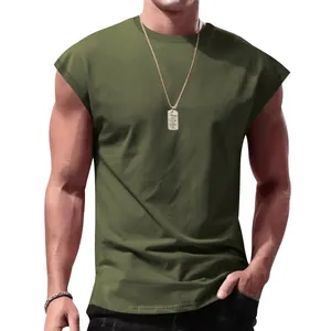 Close-up detail of olive green ribbed muscle shirt for men featuring a relaxed fit