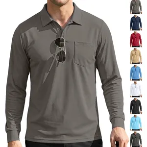 Detailed view of men's tactical long sleeve polo shirt featuring chest pocket and multiple colors