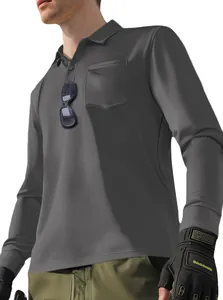 Detail of a grey outdoor tactical long-sleeve polo shirt with pocket and breathable fabric.