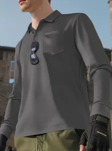 Close-up view of a charcoal grey men's long-sleeve outdoor tactical polo shirt with pocket