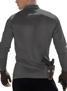 Back view of a grey tactical long sleeve polo shirt showing fabric texture and gear