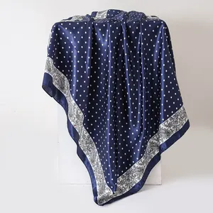 Navy blue silk-like satin scarf with vintage paisley border and white polka dots
