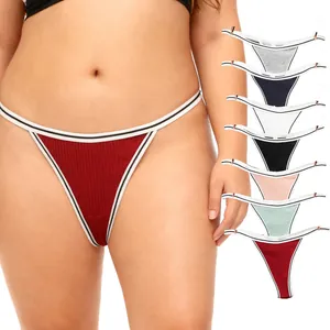 Thong Femme Culotte Coton Côtelé Élasthanne Taille Basse Respirant Garniture Contrastée Sexy T-Back Sous-Vêtements Pour Dames