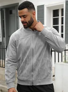 Close-up detail of grey men's faux suede knit jacket with standing collar and zipper