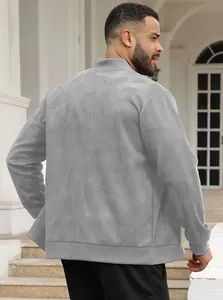 Back view of a men's grey faux suede bomber jacket, featuring a slim fit and stand collar.