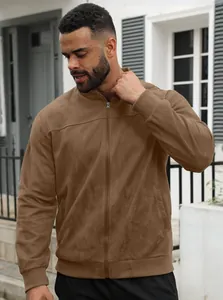 Close-up of brown suede knit jacket featuring stand collar and zipper detail.