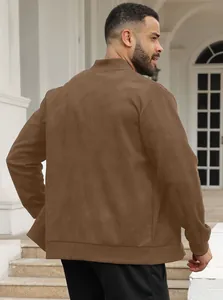 Detailed back view of a men's brown suede-like knit jacket with a stand collar and slim fit.