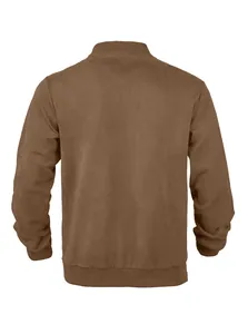 Rear detailed view of a brown men's suede knit bomber jacket featuring ribbed collar and hem