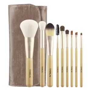 Professional 9-piece makeup brush set with soft bristles and matching carrying pouch