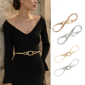 Women Fashion Elastic Metal Waist Chain Belt Minimalist Geometric Interlocking Buckle Stretch Waistband For Dresses Suits