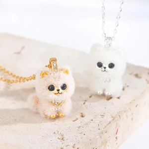 Detailed view of cute s925 silver cat pendants with soft furry texture and sparkling rhinestones