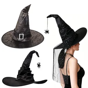 Ruched Black Witch Hat Satin Pointed Wizard Cap With Spider Charm Mesh Veil Tassel For Halloween Masquerade Costume Accessories