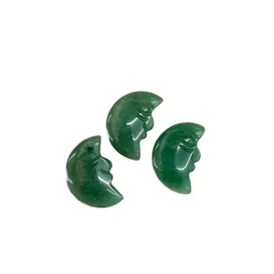 Hand-carved green natural stone pendants with crescent moon face design 3pcs