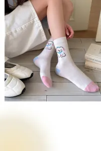 Cute cartoon dog white cotton crew socks for women with pink and blue accents