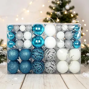 Luxury blue silver and white Christmas ball ornament set in a clear gift box display