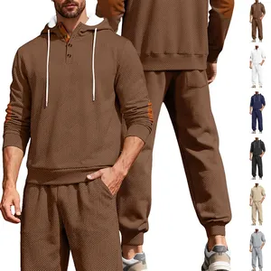 Men Hoodie And Pants Textured Jacquard Geometric Pattern Henley Button Placket Elbow Patches Casual Sports Streetwear