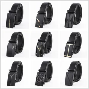 Collection of men's black leather belts with various automatic metal buckle designs