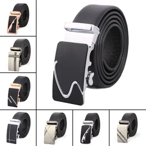 Collection of men's automatic buckle belts with black leather straps and metal buckles.