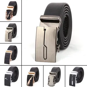 Detail view of men's leather belts featuring various automatic buckle designs