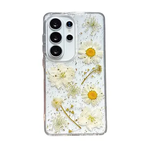 Clear Samsung S24 Ultra case featuring real pressed daisies and gold foil glitter