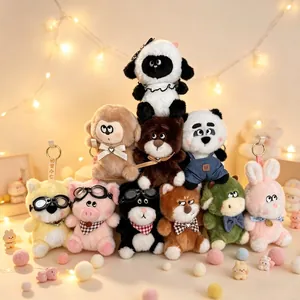 Various cute cartoon plush animal keychains with bowties and goggles accessories