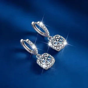 Elegant sparkling square halo moissanite drop earrings crafted in S925 sterling silver