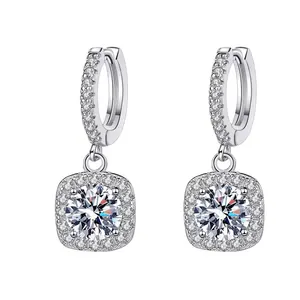 Elegant S925 sterling silver hoop earrings with square halo moissanite dangle pendants