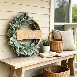 Artificial Eucalyptus Wood Bead Wreath With Hello Sign Front Door Farmhouse Wall Hanging Decor Welcome Home Sign