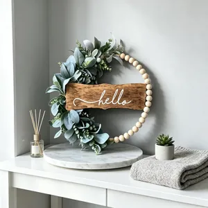 Artificial eucalyptus wreath with wooden beads and Hello wood sign
