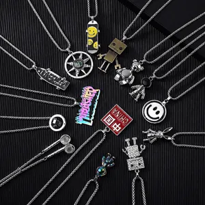 Detailed view of titanium steel necklaces with various trendy pendants for men