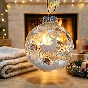 Transparent Christmas ball ornament with reindeer, LED lights and hemp rope.