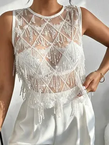Élégant top de fête à sequins et franges blanches pour femmes avec col rond chic