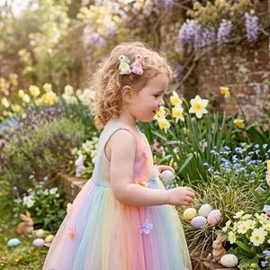 Gros plan d'une fillette portant des barrettes lapins de Pâques dans un jardin fleuri