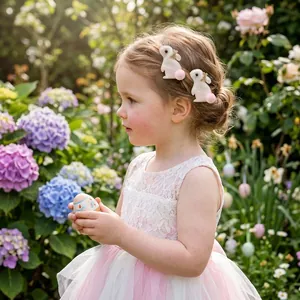 Détail de barrettes lapin de Pâques scintillantes portées par une fille dans un jardin