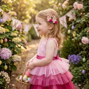 Petite fille portant des barrettes lapin rose pailleté avec pompons pour Pâques