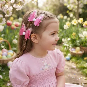 Détail de barrettes oreilles de lapin à paillettes roses sur une fille dans un jardin.