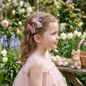 Fillette portant des barrettes lapin de Pâques pailletées dans un jardin fleuri.