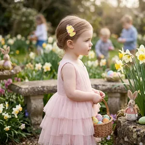 Petite fille portant une pince à cheveux de Pâques pailletée dans un jardin de fleurs