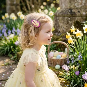 Barrette à cheveux lapin de Pâques scintillante sur une petite fille dans un jardin fleuri