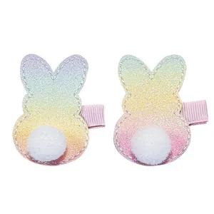 Détails des barrettes lapin à paillettes dégradées avec de doux pompons blancs pour enfants