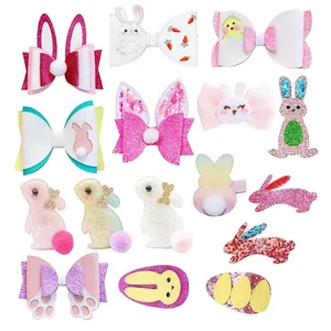 Lot de 15 pinces à cheveux lapin de Pâques à paillettes pour enfants sur blanc