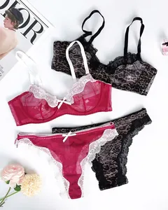 Detailed view of sexy leopard print mesh and elegant red lace lingerie set collection